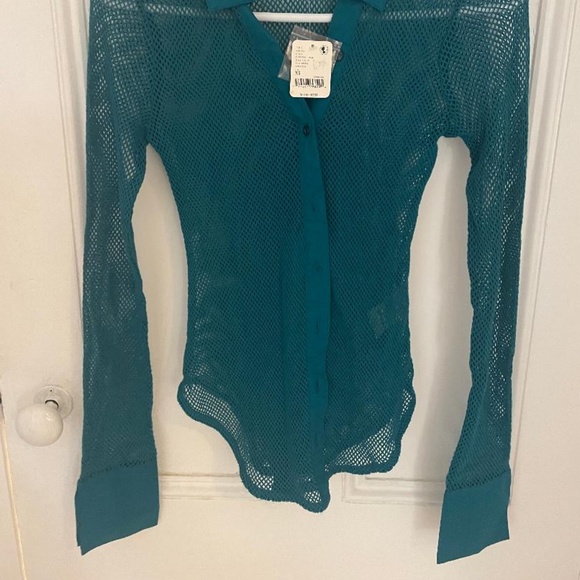 Free People Fun Mess Button Down Collared Shirt, Green/Blue color - Picture 2 of 6